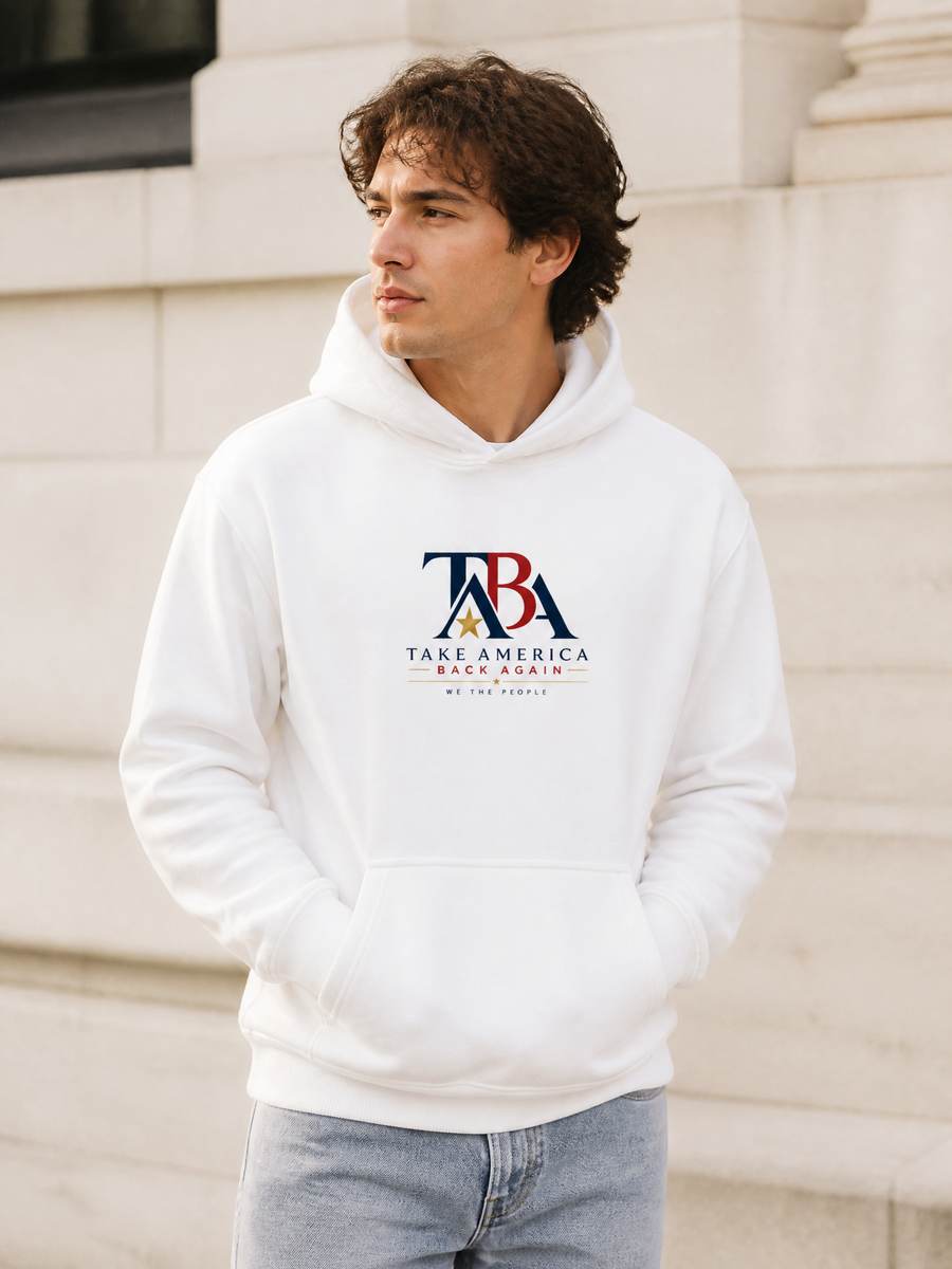 Supporter wearing the white signature hoodie
