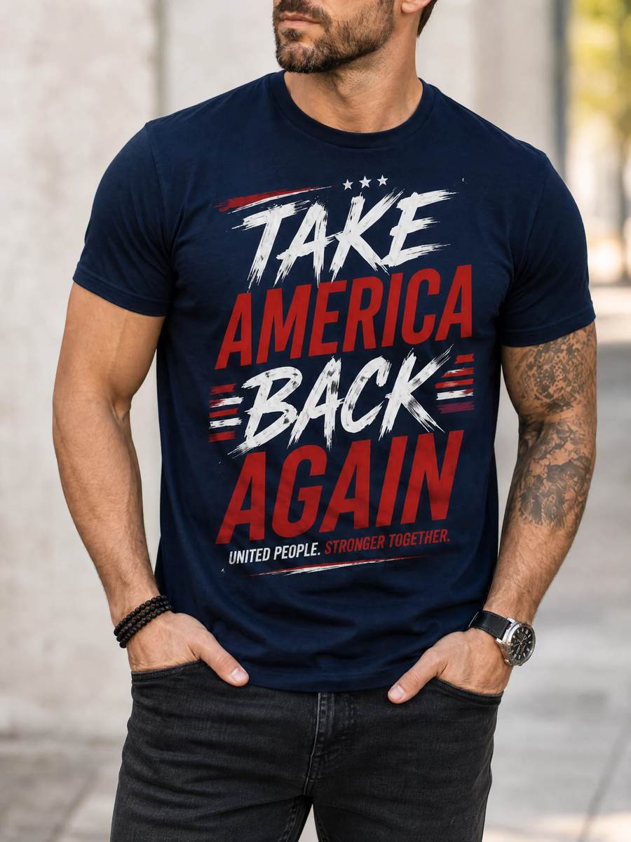 Supporter wearing the navy Take America Back Again tee